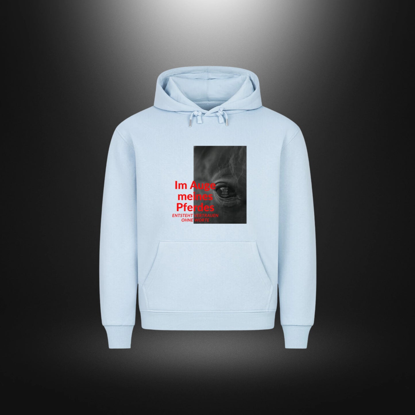 HigherBlanks Premium Hoodie - Im Auge meines Pferdes ENTSTEHT VERTRAUEN OHNE WORTE