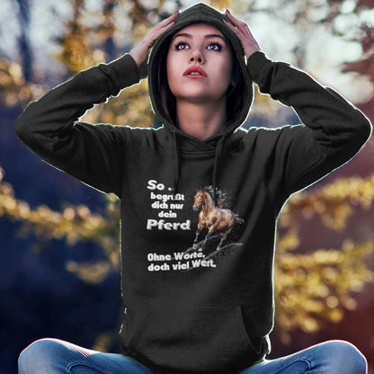 HigherBlanks Premium Hoodie - So begrüßt dich nur dein Pferd Ohne Worte doch viel Wert