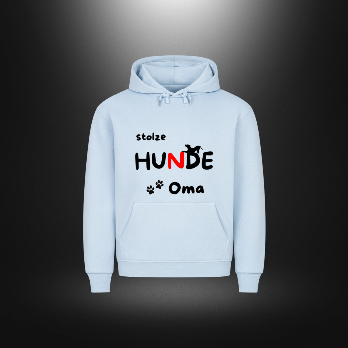 Babyblauer HigherBlanks Premium Hoodie, Vorderansicht mit schwarz-rotem Aufdruck „stolze HUNDE Oma“, Hundesilhouette und Pfoten.