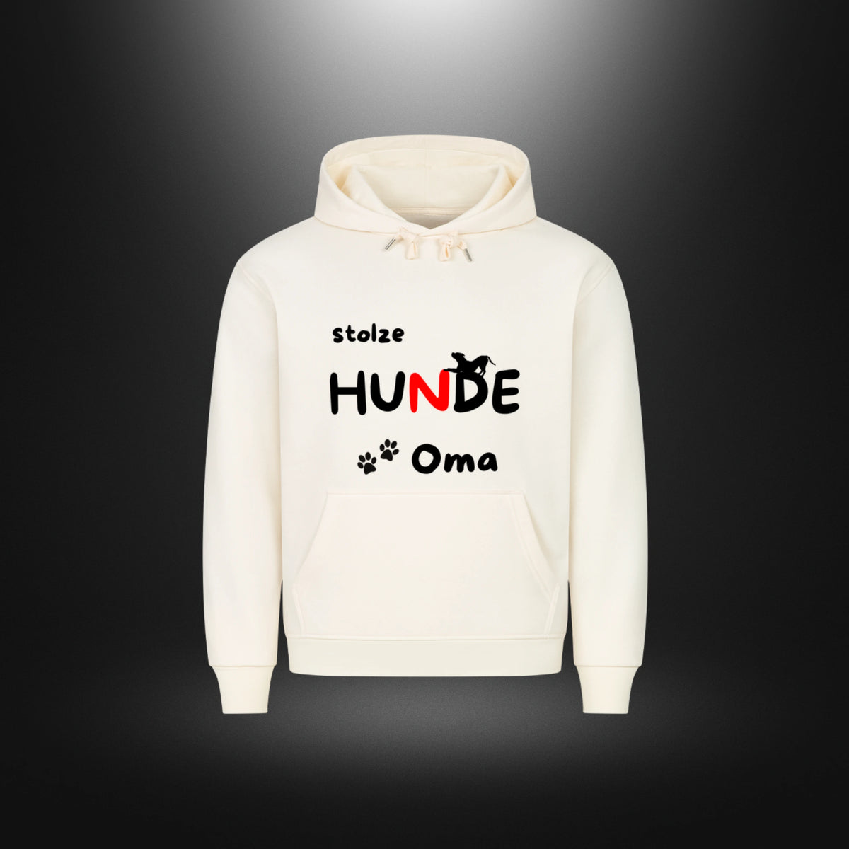 Beiger HigherBlanks Premium Hoodie, Vorderansicht mit schwarz-rotem Aufdruck „stolze HUNDE Oma“, Hundesilhouette und Pfoten.