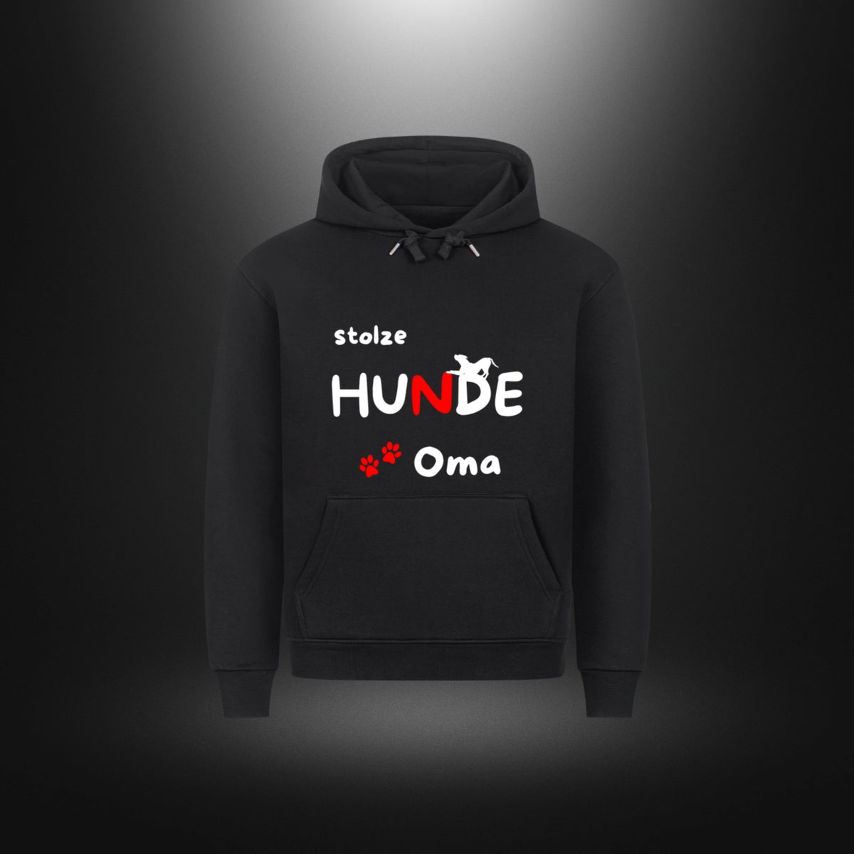 Schwarzer HigherBlanks Premium Hoodie, Vorderansicht mit weiß-rotem Aufdruck „stolze HUNDE Oma“, Hundesilhouette und Pfoten.