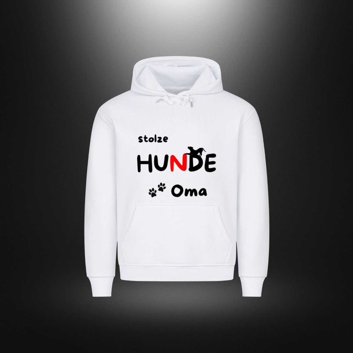 Weißer HigherBlanks Premium Hoodie, Vorderansicht mit schwarz-rotem Aufdruck „stolze HUNDE Oma“, Hundesilhouette und Pfoten.