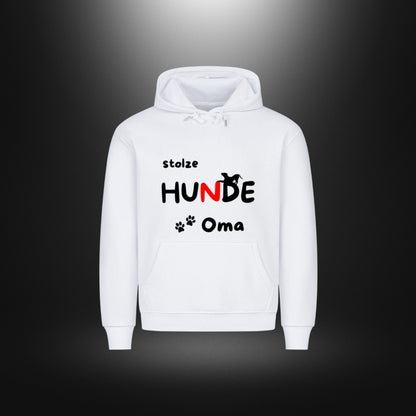 Weißer HigherBlanks Premium Hoodie, Vorderansicht mit schwarz-rotem Aufdruck „stolze HUNDE Oma“, Hundesilhouette und Pfoten.
