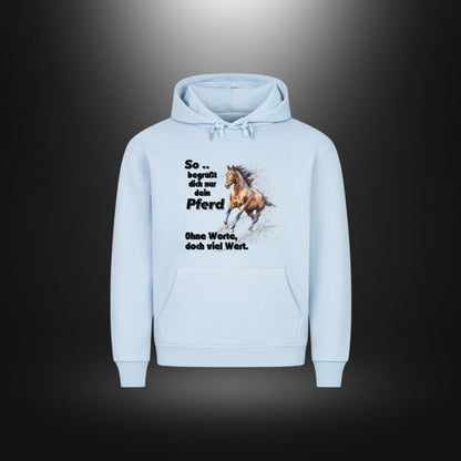 HigherBlanks Premium Hoodie - So begrüßt dich nur dein Pferd Ohne Worte doch viel Wert