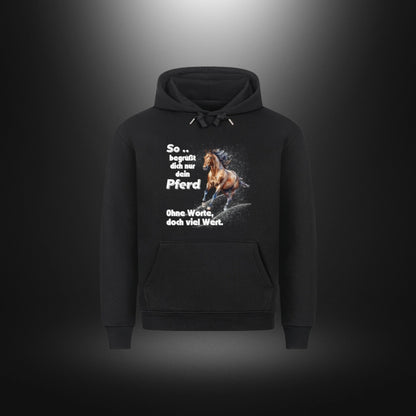 HigherBlanks Premium Hoodie - So begrüßt dich nur dein Pferd Ohne Worte doch viel Wert