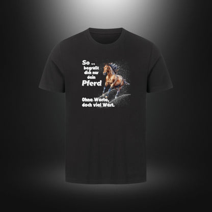 HigherBlanks Premium T-Shirt - So begrüßt dich nur dein Pferd Ohne Worte doch viel Wert.