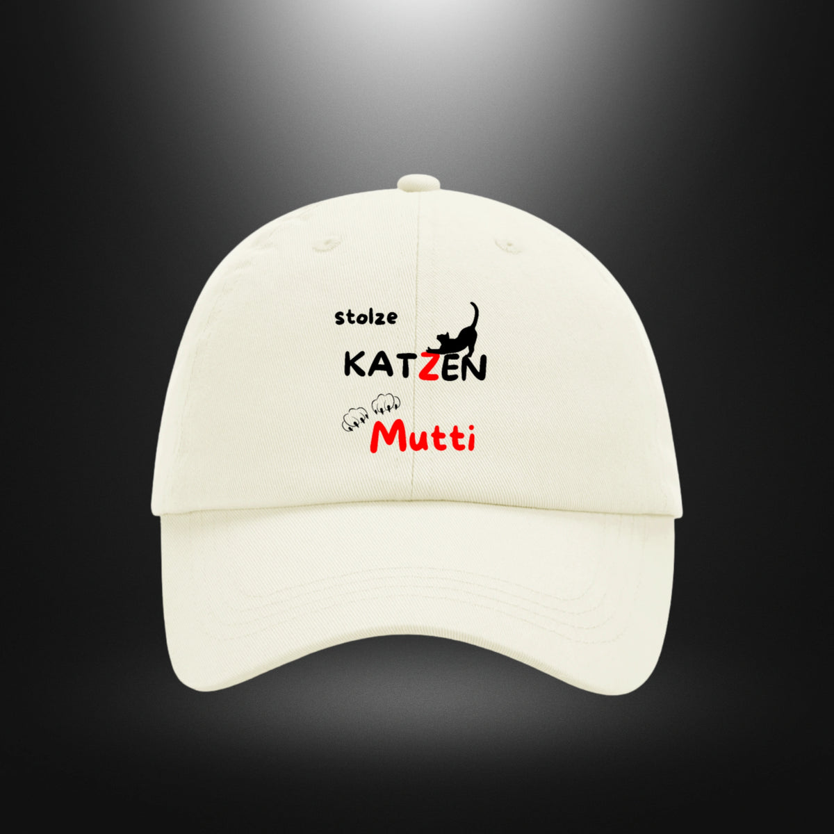 Beige Dad Cap mit Katzenmotiv und dem Aufdruck „stolze KATZEN Mutti“, Vorderansicht.