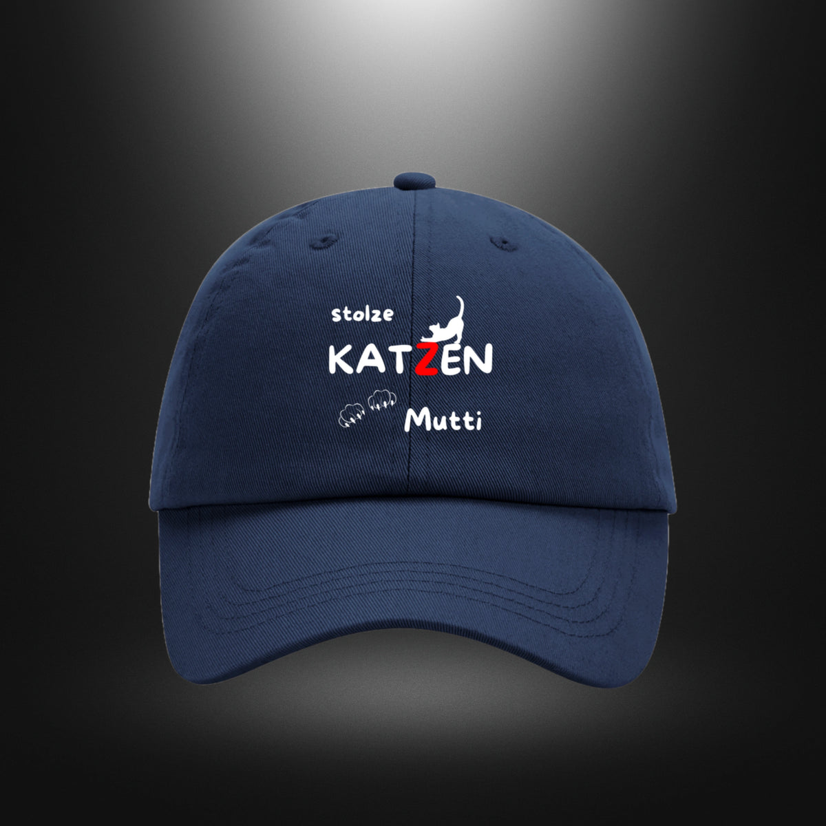 Dunkelblaue Dad Cap in Navy mit Katzenmotiv und dem Aufdruck „stolze KATZEN Mutti“, Vorderansicht.
