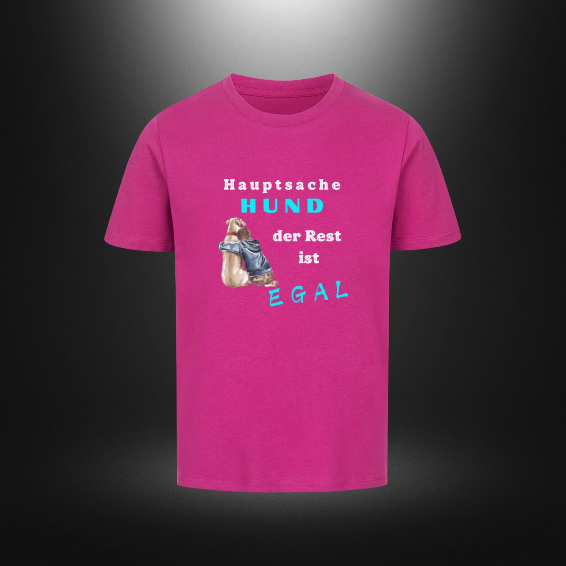 Kinder-T-Shirt mit Hundemotiv „Hauptsache Hund, der Rest ist egal“ in Lila