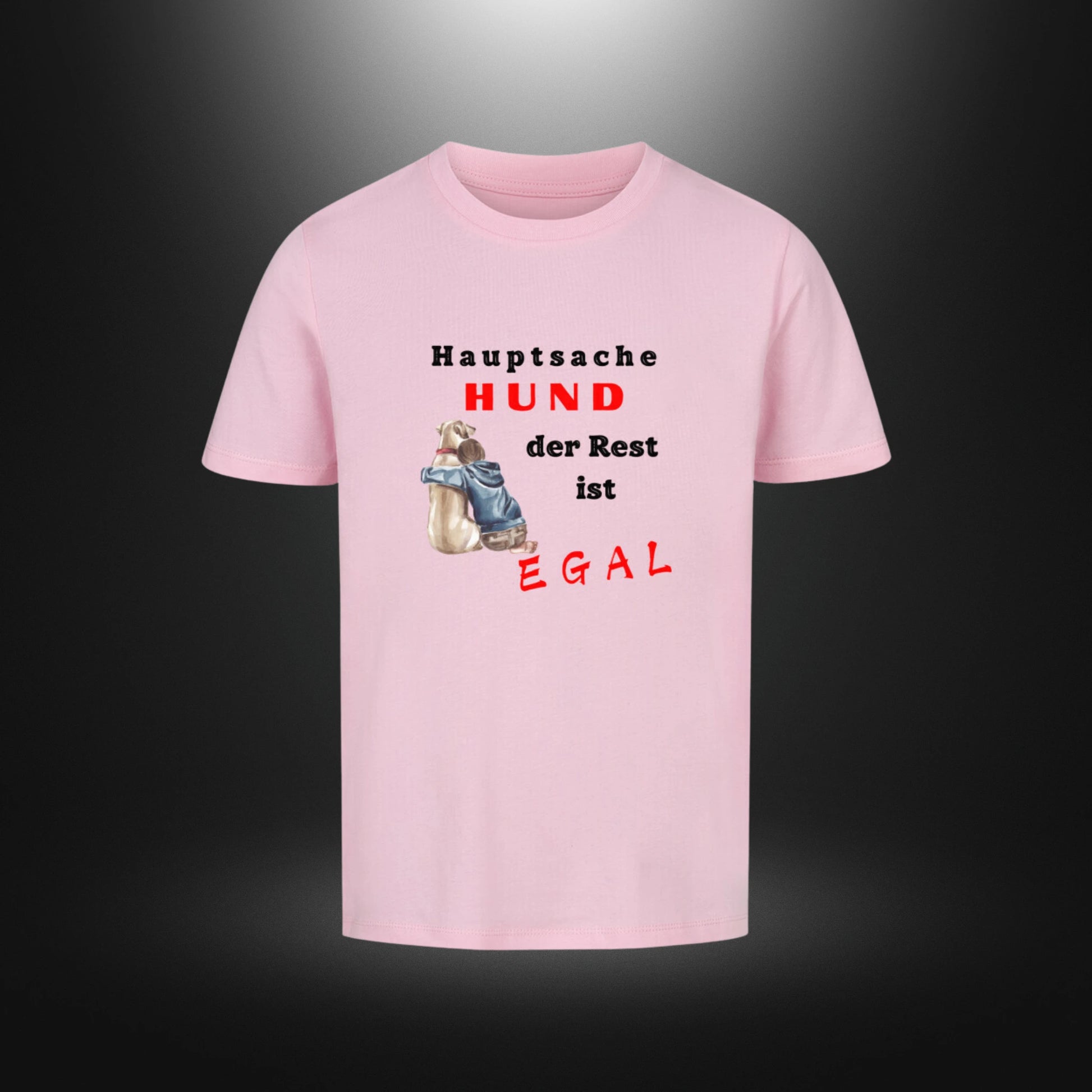 Kinder-T-Shirt mit Hundemotiv „Hauptsache Hund, der Rest ist egal“ in Pink