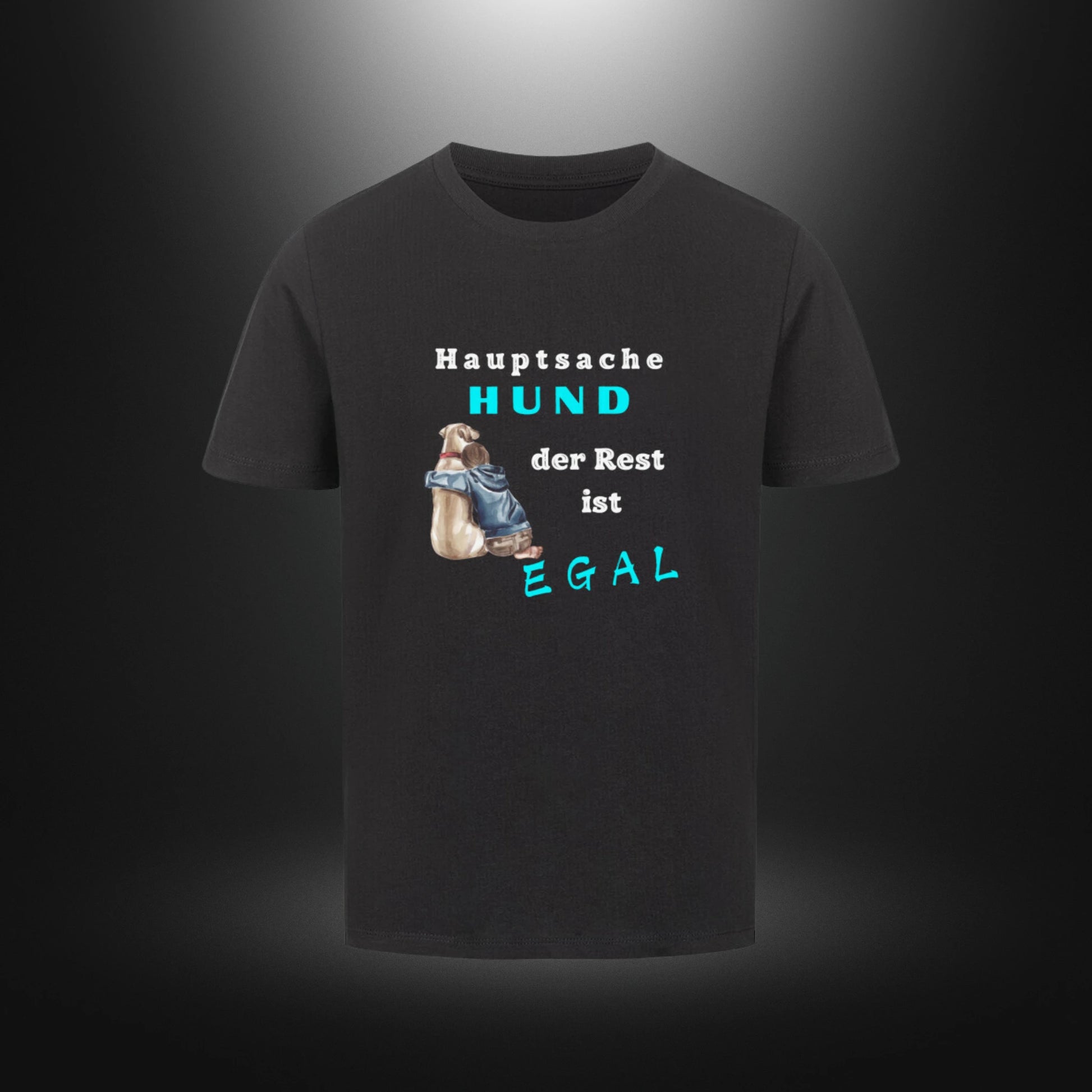 Kinder-T-Shirt mit Hundemotiv „Hauptsache Hund, der Rest ist egal“ in Schwarz