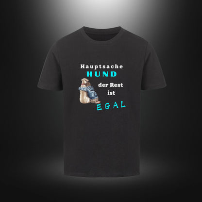 Kinder-T-Shirt mit Hundemotiv „Hauptsache Hund, der Rest ist egal“ in Schwarz
