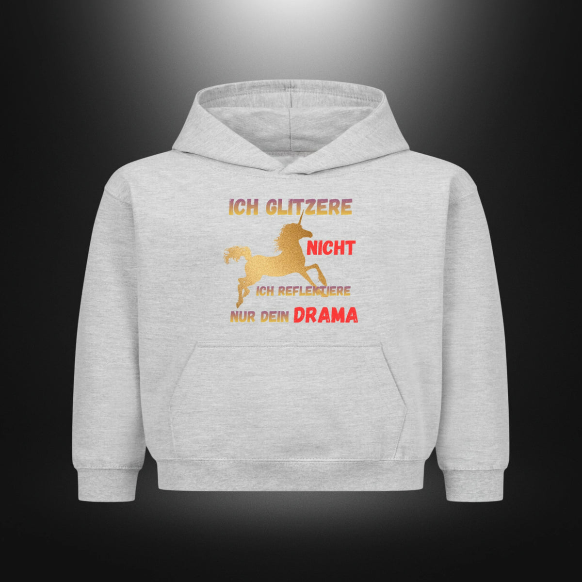 Kinder-Hoodie mit Statement „ICH GLITZERE NICHT ICH REFLEKTIERE NUR DEIN DRAMA“ in Grau meliert