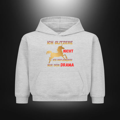 Kinder-Hoodie mit Statement „ICH GLITZERE NICHT ICH REFLEKTIERE NUR DEIN DRAMA“ in Grau meliert