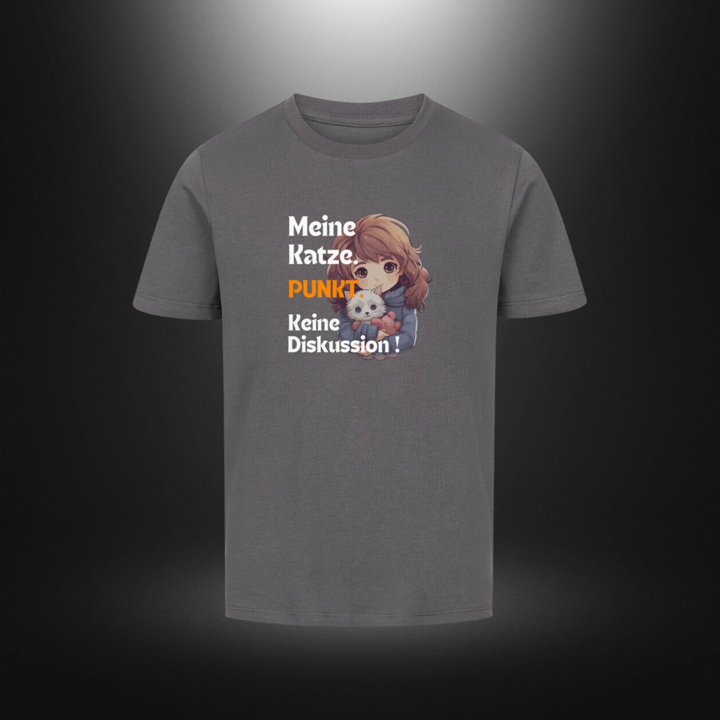 Kinder-T-Shirt mit Katzenmotiv „Meine Katze. PUNKT Keine Diskussion!“ in Anthrazit