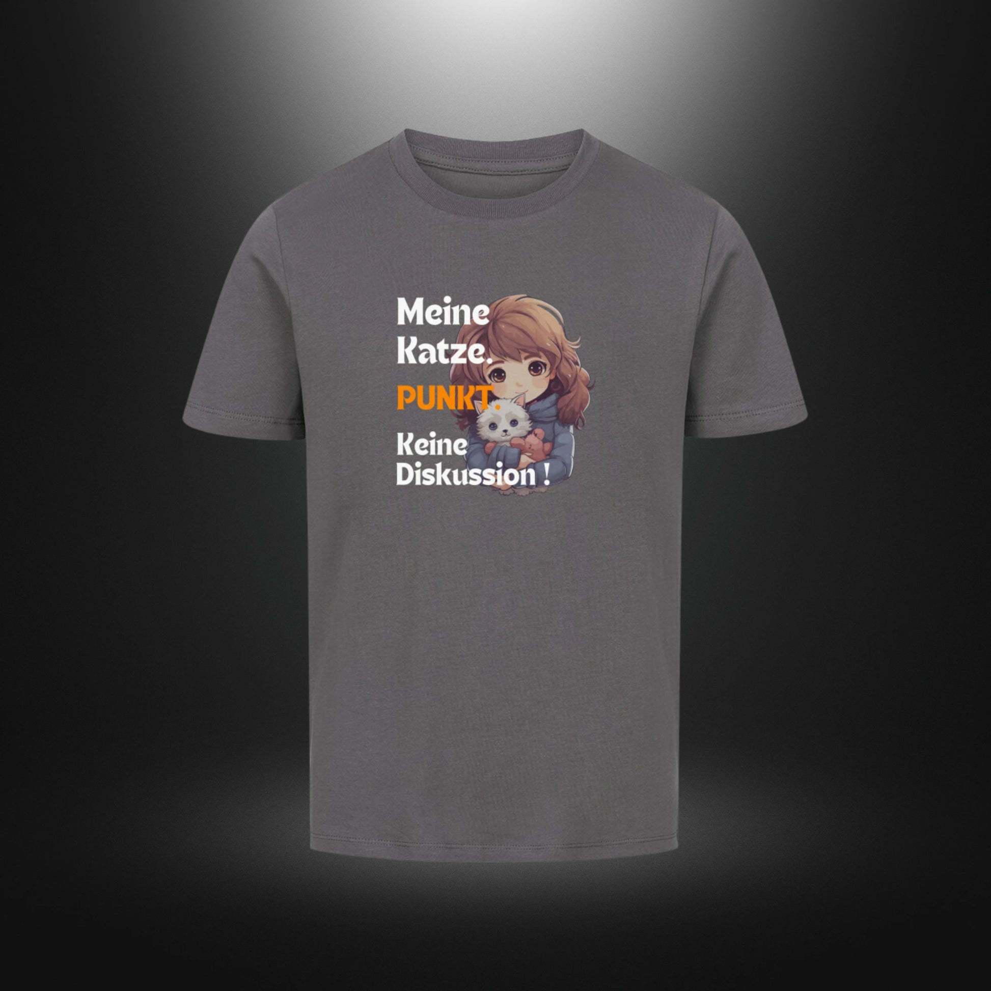 Kinder-T-Shirt mit Katzenmotiv „Meine Katze. PUNKT Keine Diskussion!“ in Anthrazit