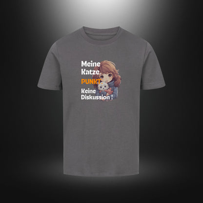 Kinder-T-Shirt mit Katzenmotiv „Meine Katze. PUNKT Keine Diskussion!“ in Anthrazit