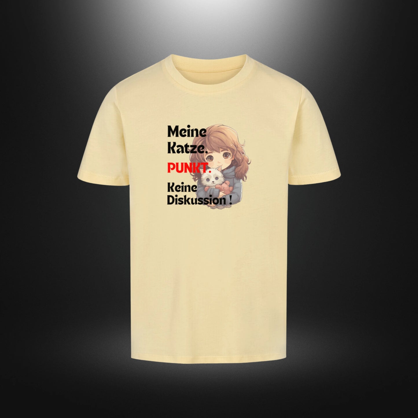 Kinder-T-Shirt mit Katzenmotiv „Meine Katze. PUNKT Keine Diskussion!“ in Butter