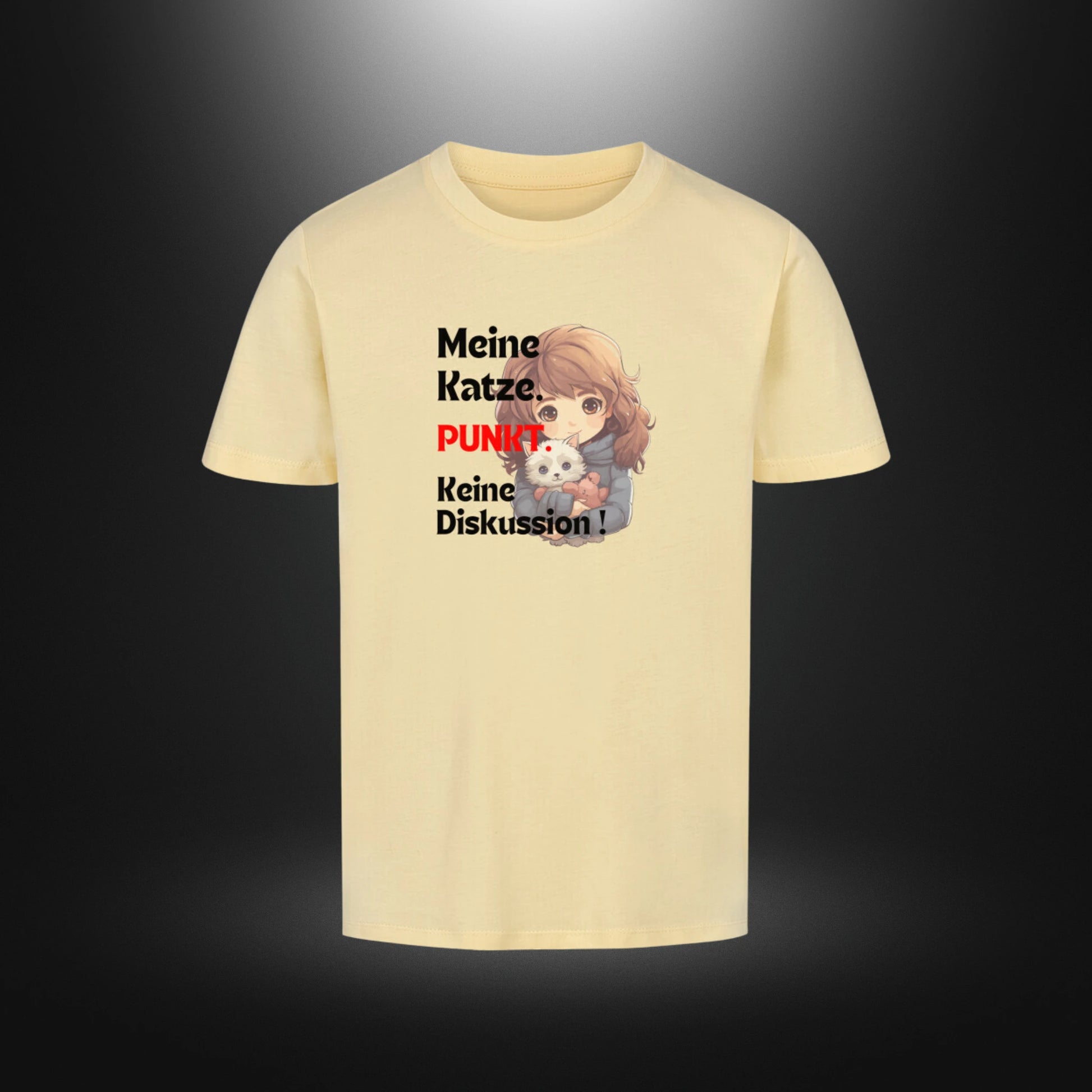 Kinder-T-Shirt mit Katzenmotiv „Meine Katze. PUNKT Keine Diskussion!“ in Butter