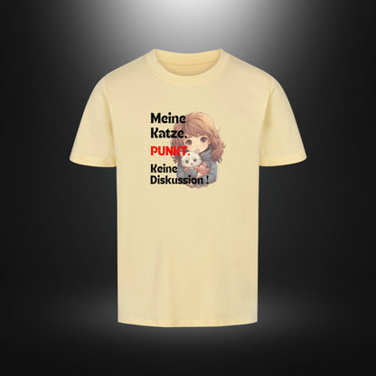 Kinder-T-Shirt mit Katzenmotiv „Meine Katze. PUNKT Keine Diskussion!“ in Butter