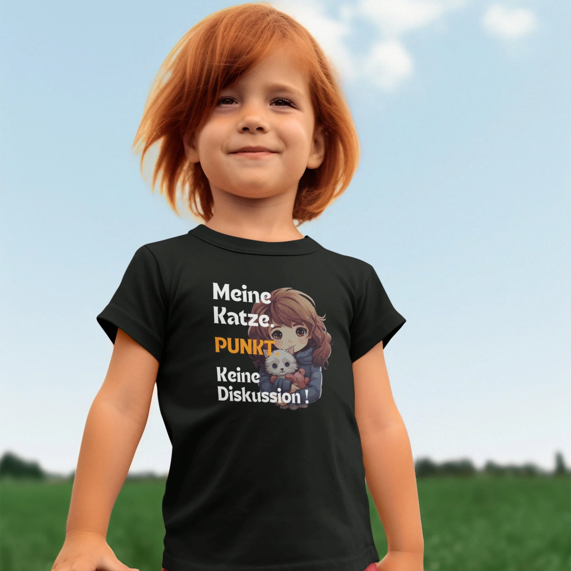 Kinder-T-Shirt mit Katzenmotiv „Meine Katze. PUNKT Keine Diskussion!“ – Galeriebild