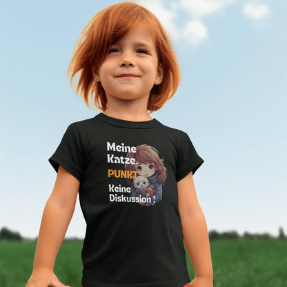 Kinder-T-Shirt mit Katzenmotiv „Meine Katze. PUNKT Keine Diskussion!“ – Galeriebild