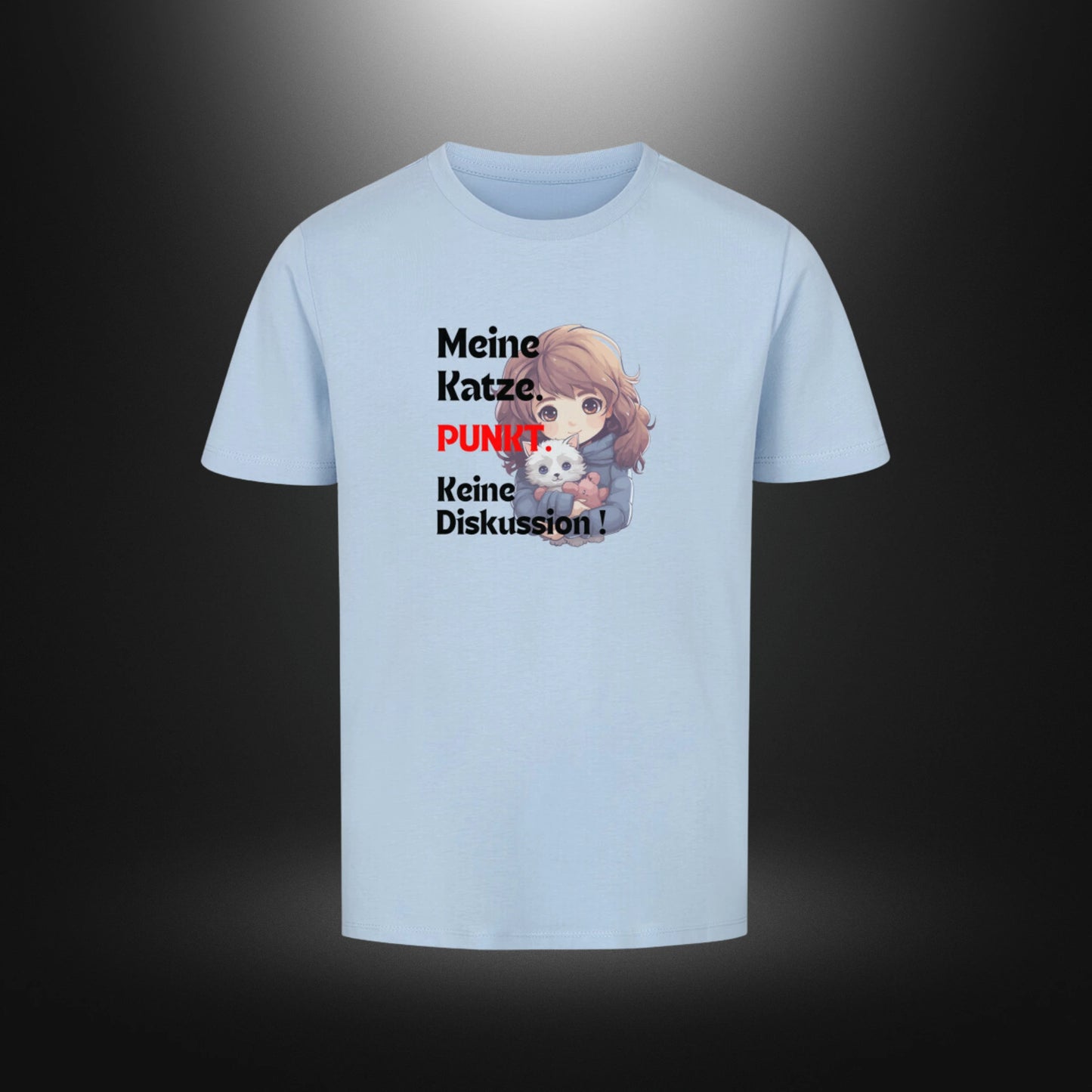 Kinder-T-Shirt mit Katzenmotiv „Meine Katze. PUNKT Keine Diskussion!“ in Himmelblau