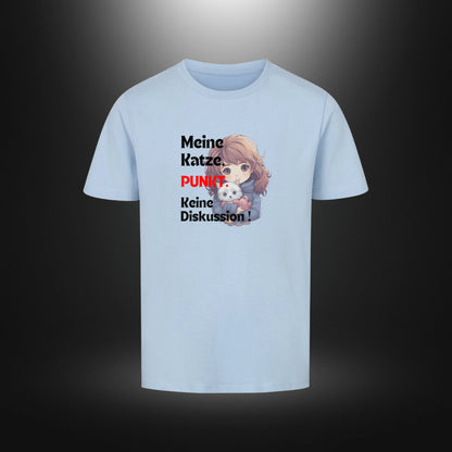 Kinder-T-Shirt mit Katzenmotiv „Meine Katze. PUNKT Keine Diskussion!“ in Himmelblau
