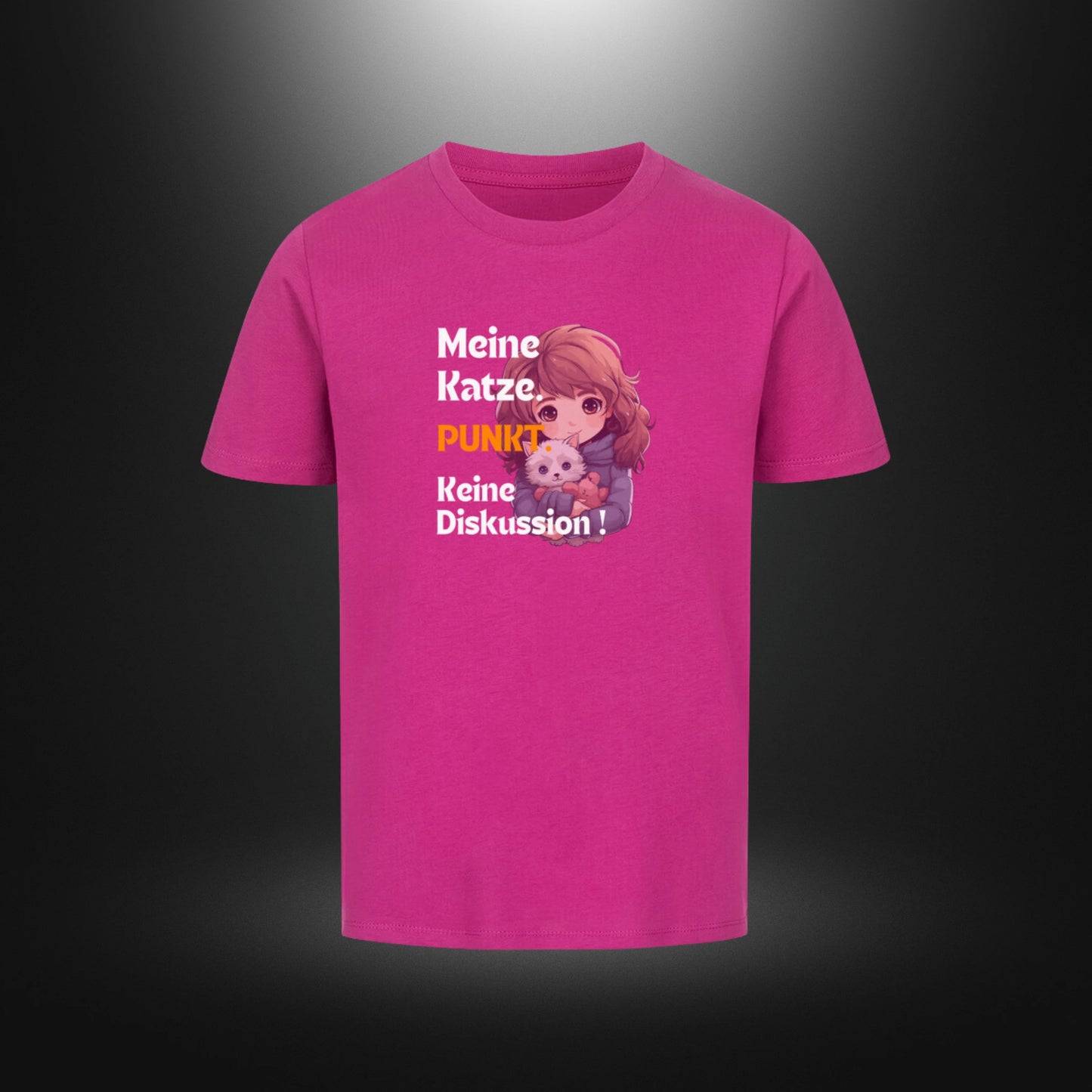 Kinder-T-Shirt mit Katzenmotiv „Meine Katze. PUNKT Keine Diskussion!“ in Lila