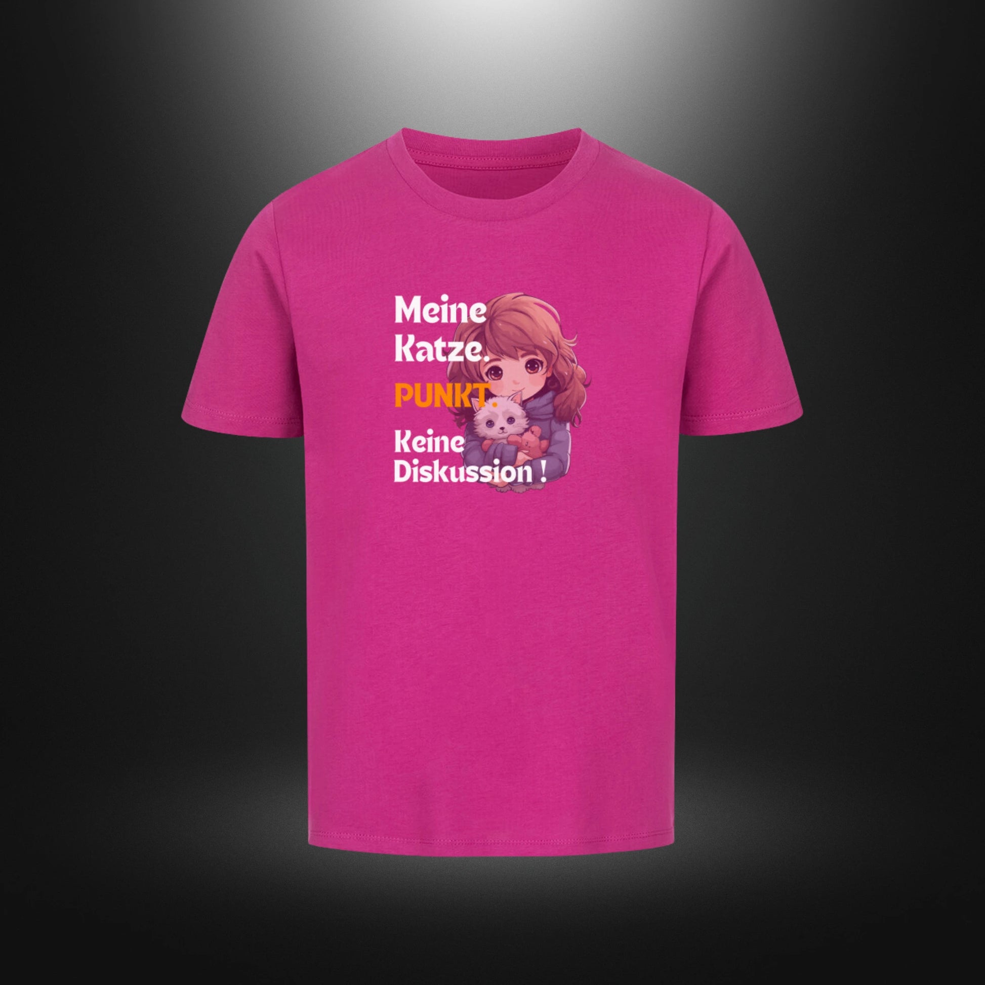 Kinder-T-Shirt mit Katzenmotiv „Meine Katze. PUNKT Keine Diskussion!“ in Lila