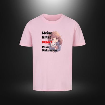 Kinder-T-Shirt mit Katzenmotiv „Meine Katze. PUNKT Keine Diskussion!“ in Pink