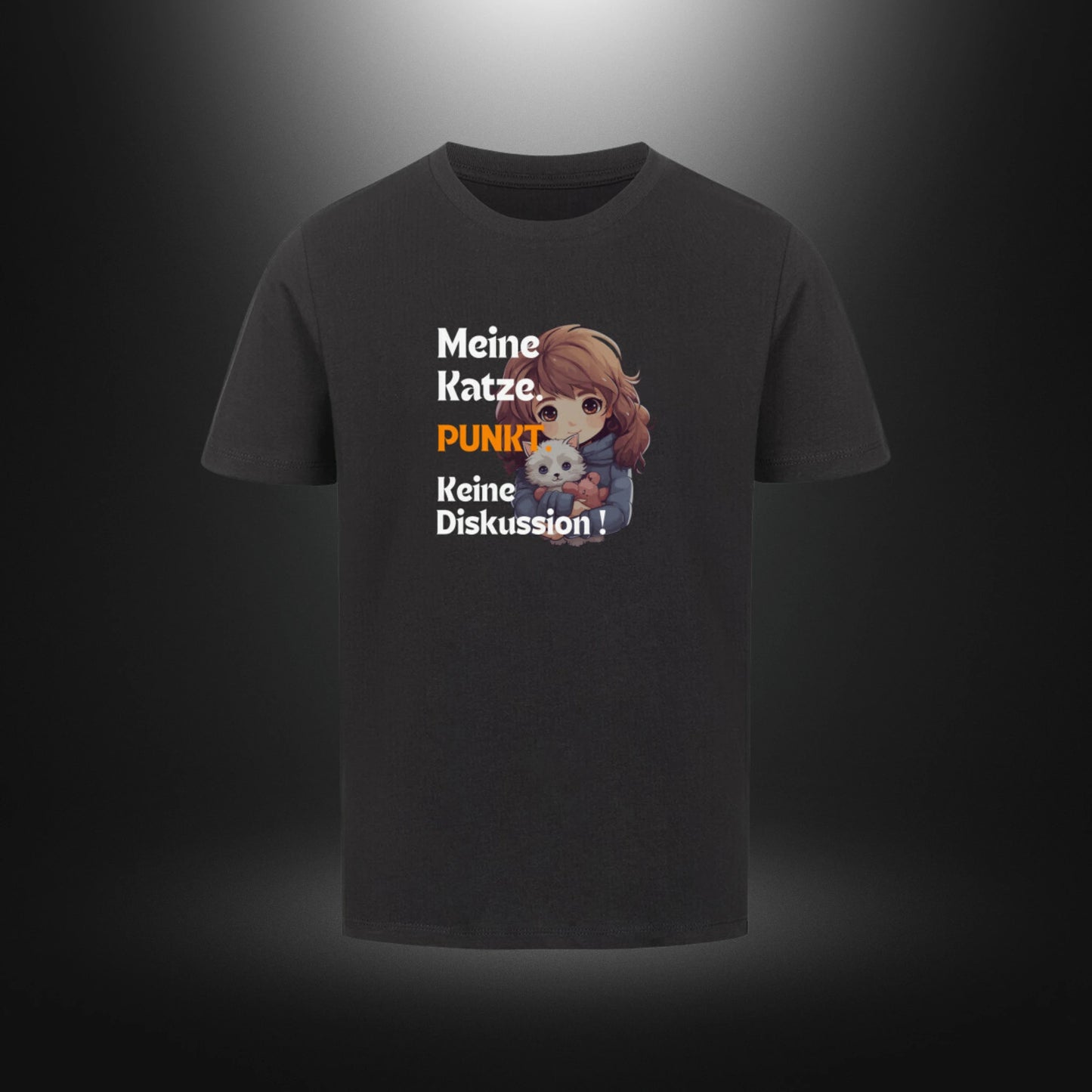Kinder-T-Shirt mit Katzenmotiv „Meine Katze. PUNKT Keine Diskussion!“ in Schwarz