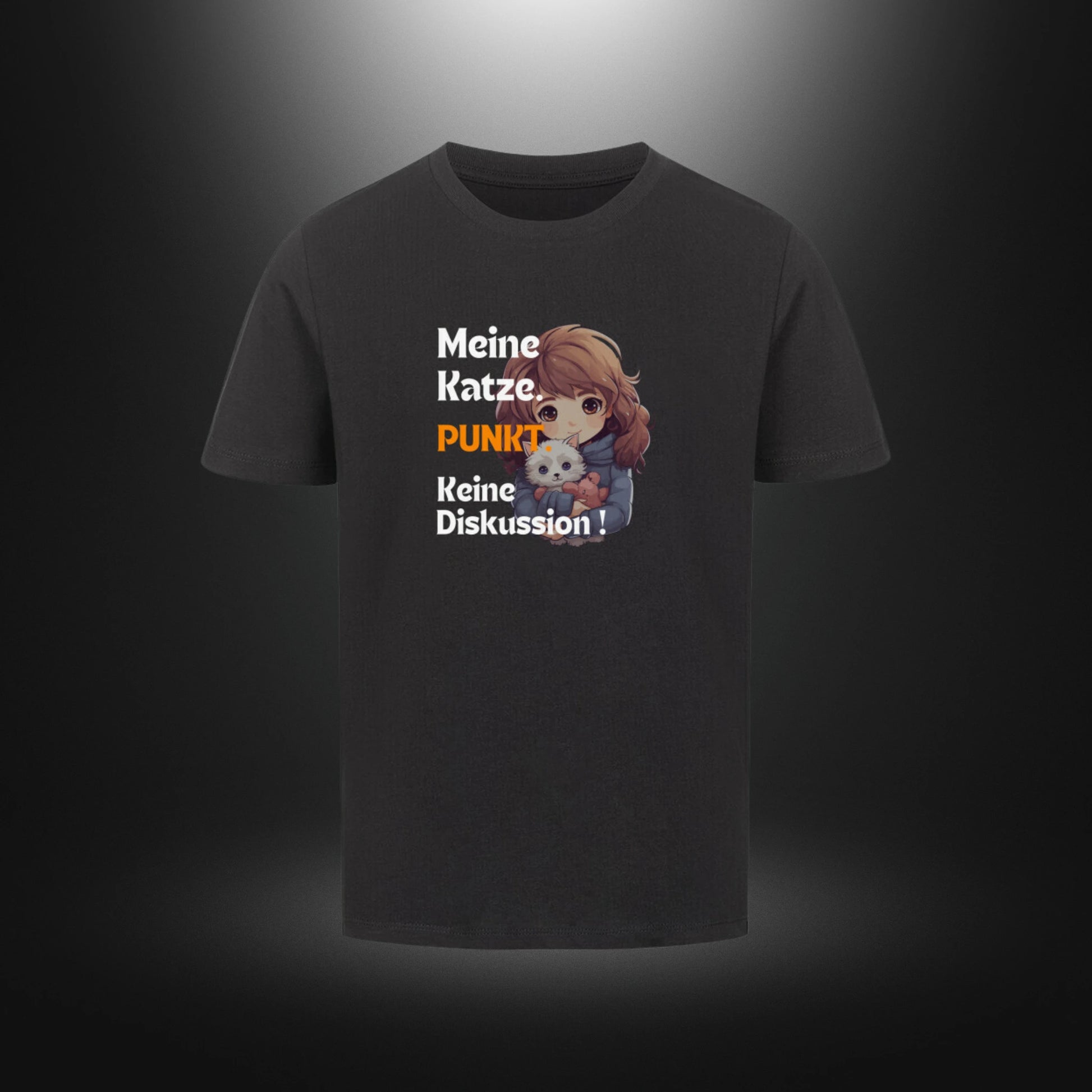 Kinder-T-Shirt mit Katzenmotiv „Meine Katze. PUNKT Keine Diskussion!“ in Schwarz