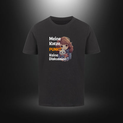 Kinder-T-Shirt mit Katzenmotiv „Meine Katze. PUNKT Keine Diskussion!“ in Schwarz
