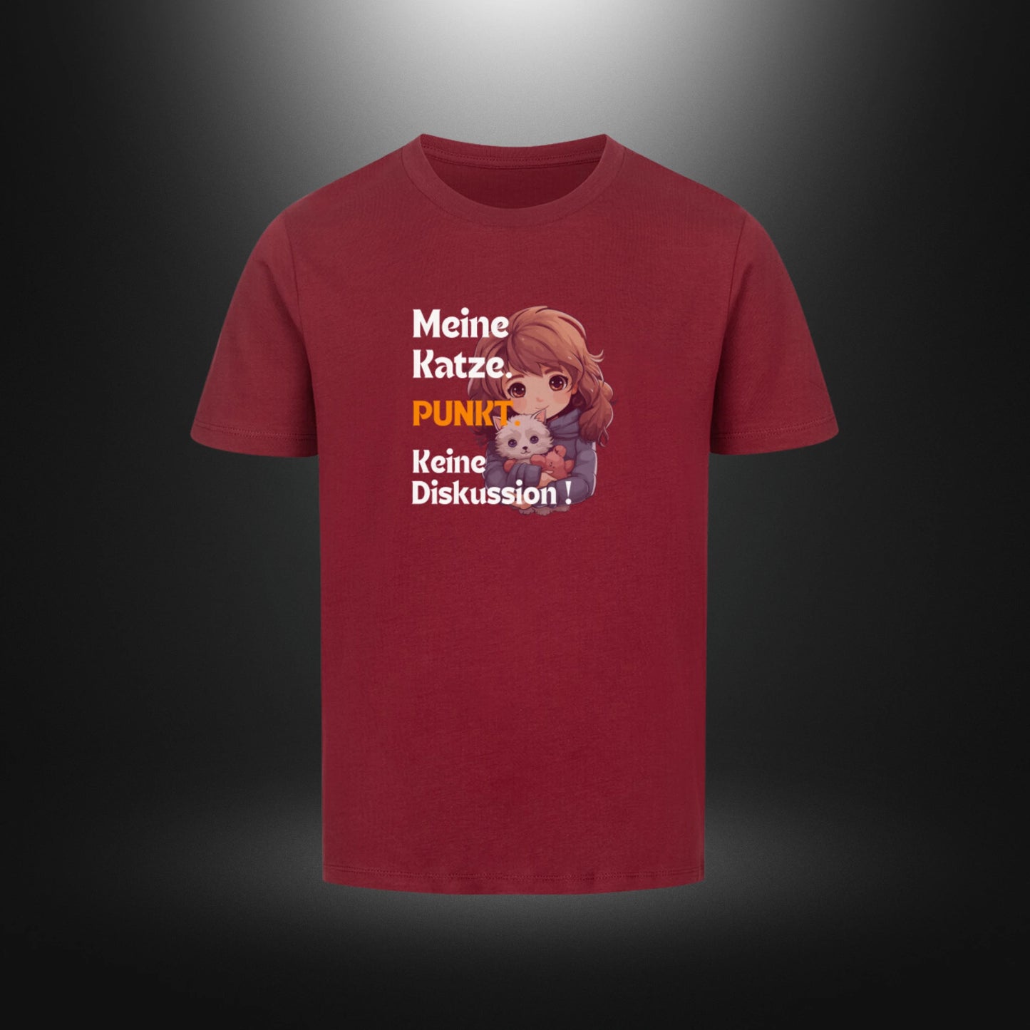 Kinder-T-Shirt mit Katzenmotiv „Meine Katze. PUNKT Keine Diskussion!“ in Weinrot