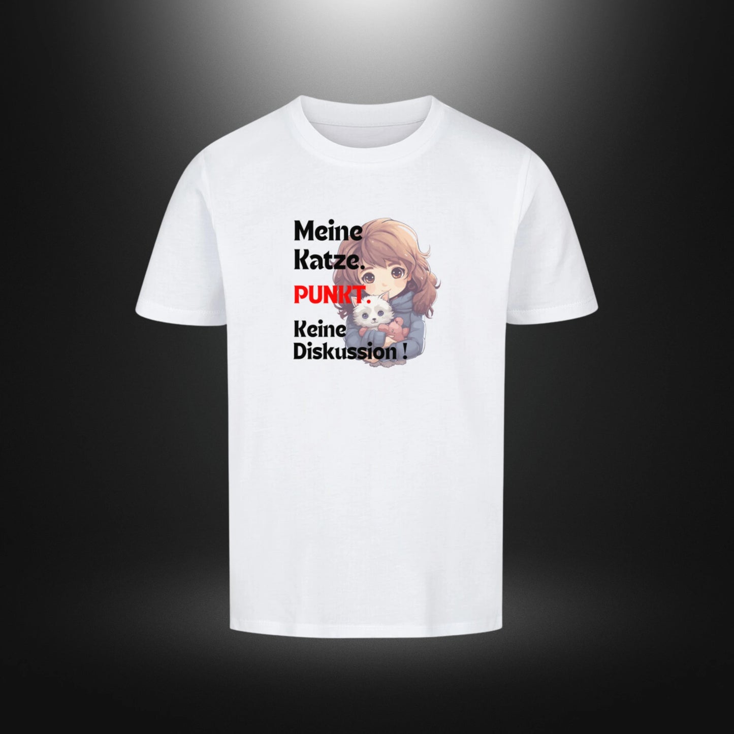 Kinder-T-Shirt mit Katzenmotiv „Meine Katze. PUNKT Keine Diskussion!“ in Weiß