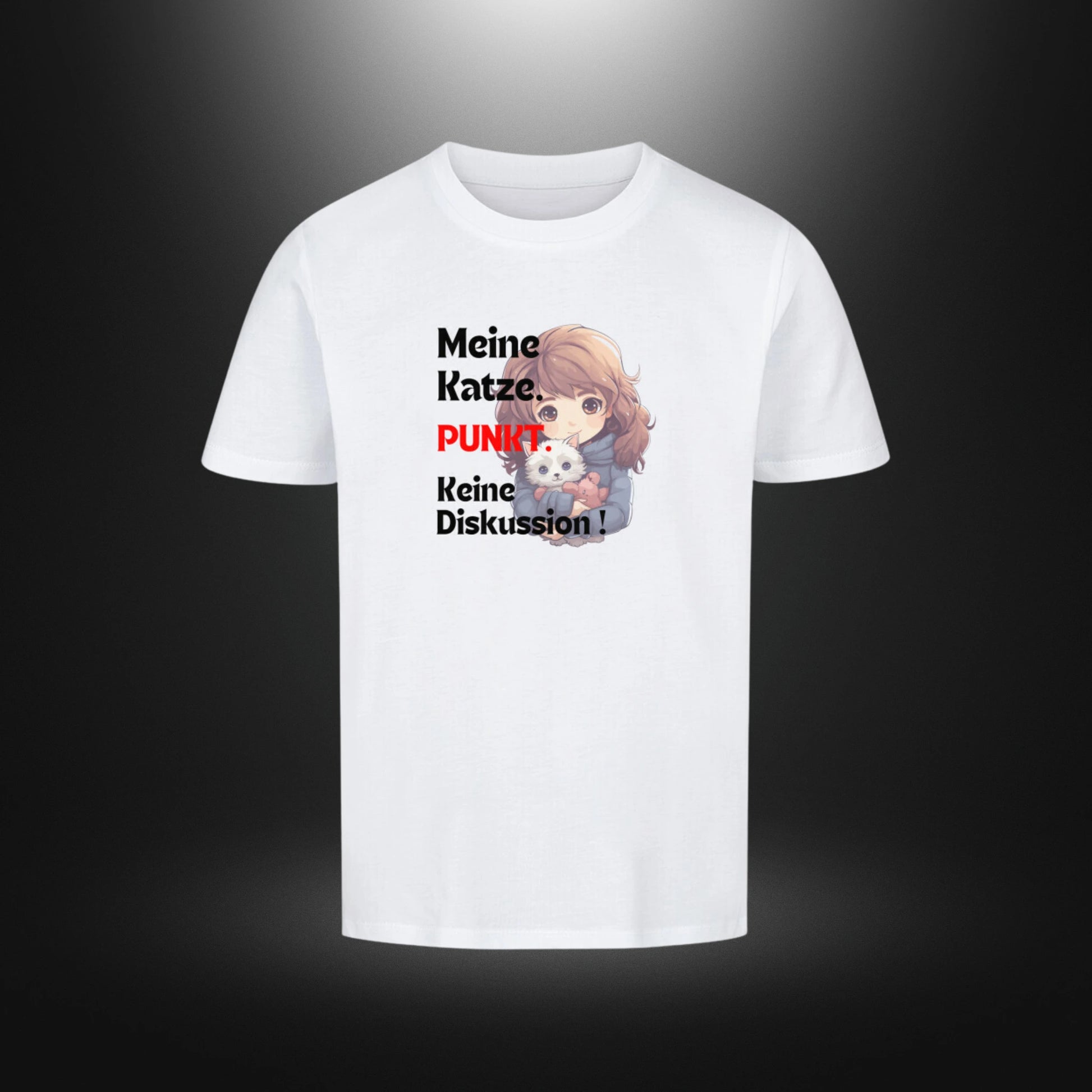 Kinder-T-Shirt mit Katzenmotiv „Meine Katze. PUNKT Keine Diskussion!“ in Weiß