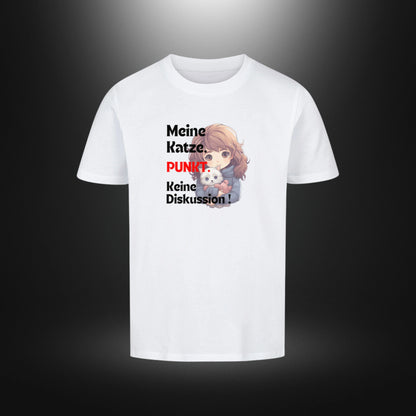 Kinder-T-Shirt mit Katzenmotiv „Meine Katze. PUNKT Keine Diskussion!“ in Weiß