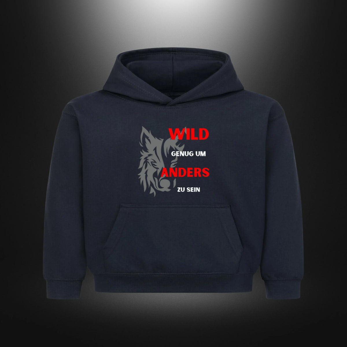 Kinder-Hoodie mit Statement „WILD GENUG UM ANDERS ZU SEIN“ in Französische Marine